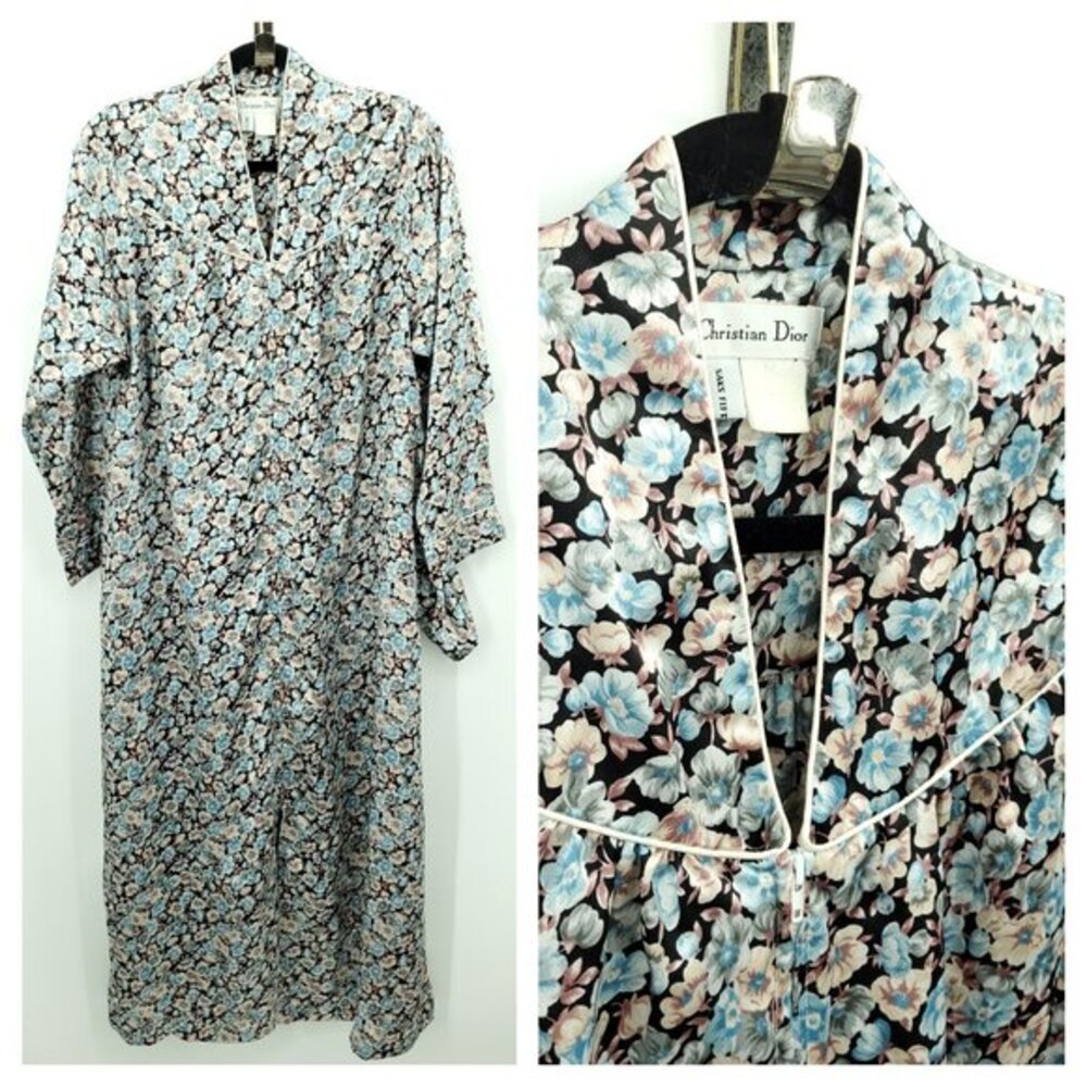 Vintage Dior Floral Full Zip Contrast Piping Robe/Duster OS Blue/Pink